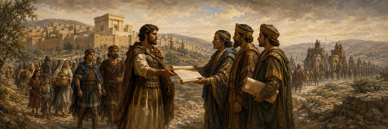 Judas meets royal envoys after battle while families return toward Jerusalem and the restored temple